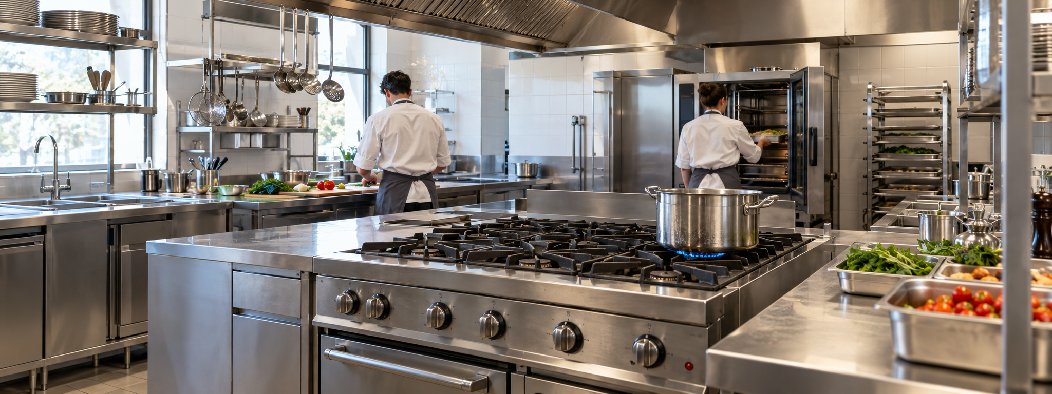 Attrezzature professionali e due cuochi al lavoro, visti di spalle, in una cucina
